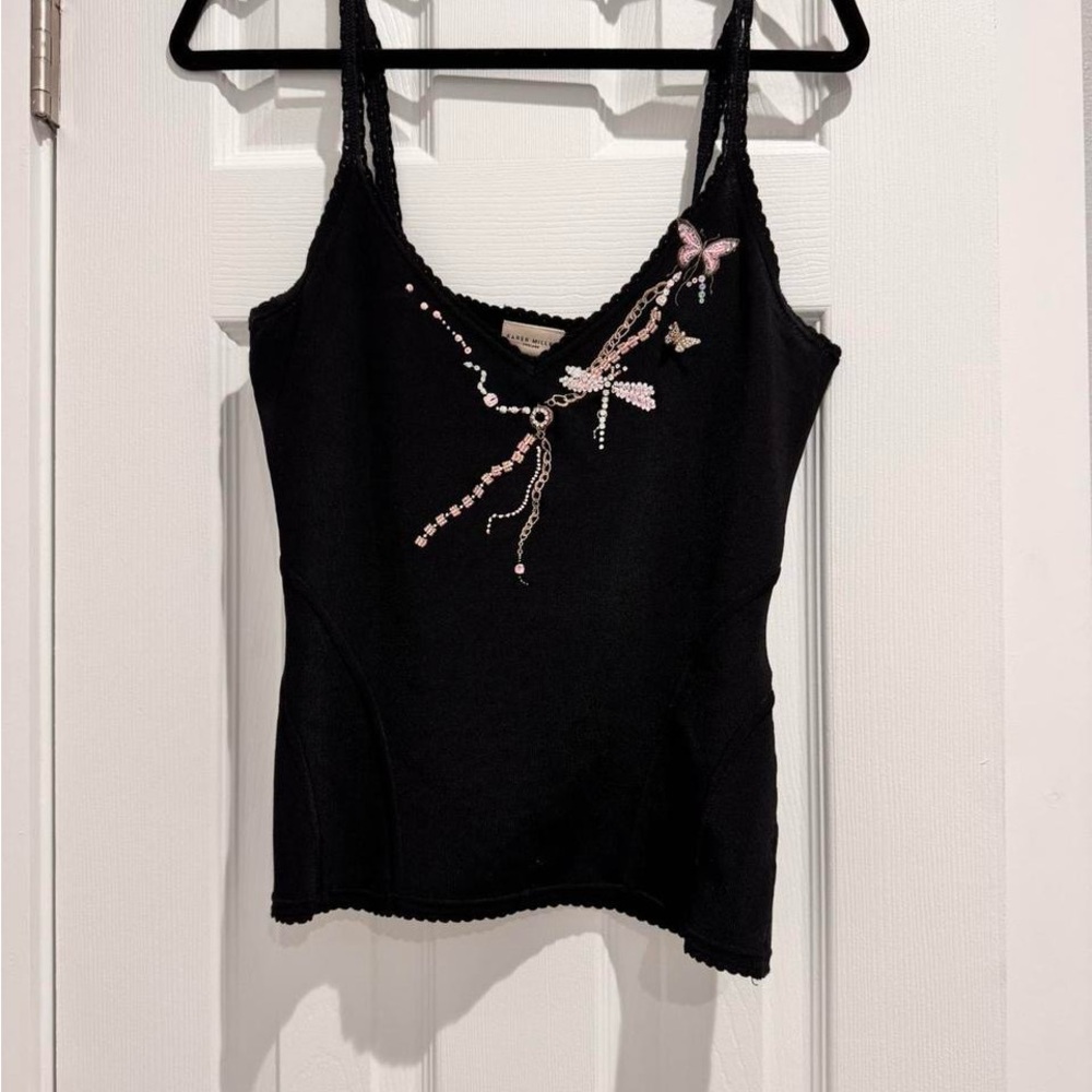 Black Embellished Butterfly Tank Top